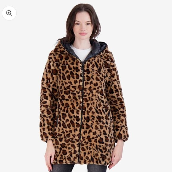 Jessica Simpson Women's Leopard Fur Reversible Puffer - Picture 7 of 12